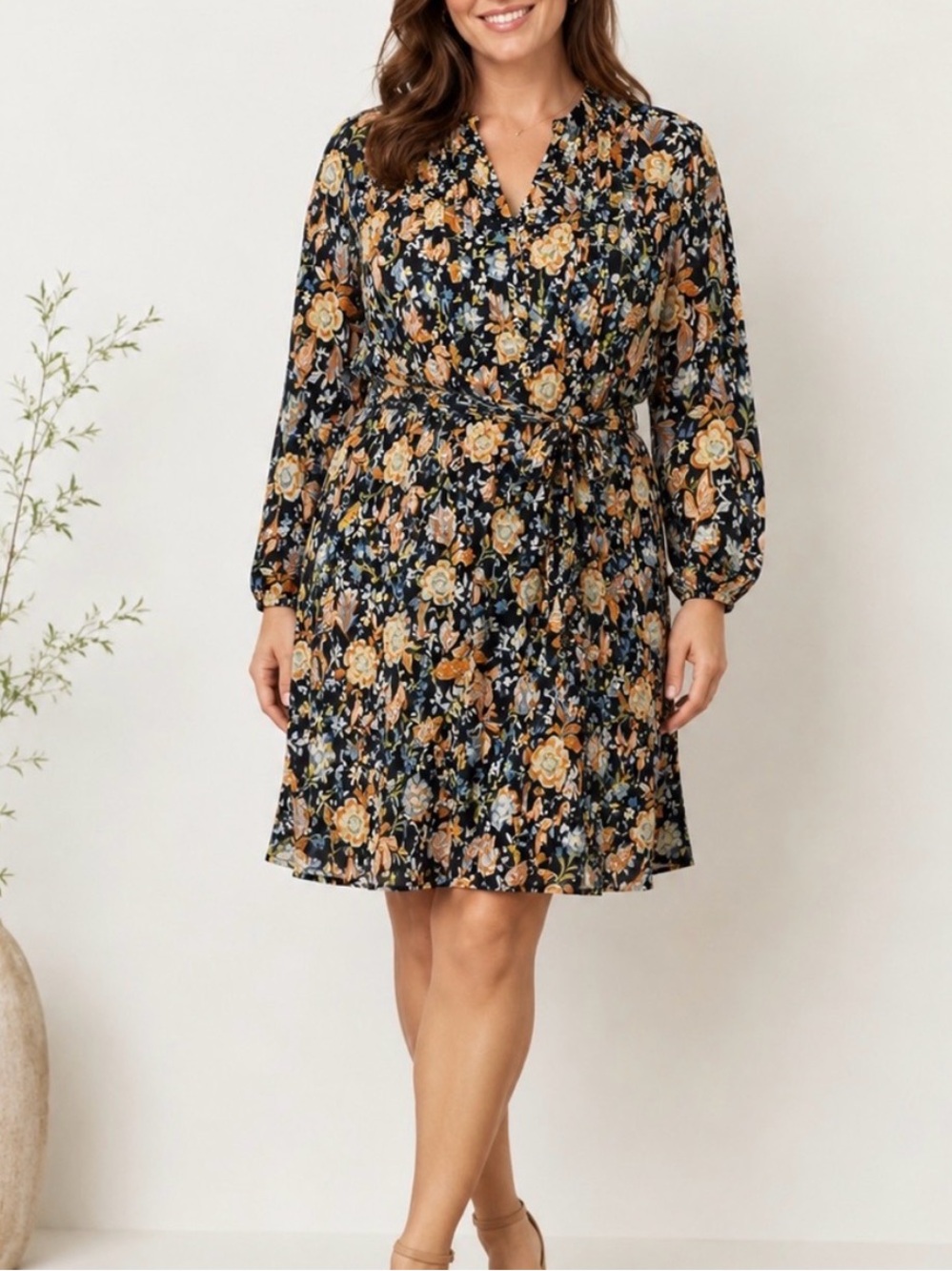 MSK Floral Tie Waist Long Sleeve Dress Size 16W Black Boho cottage pin tuck